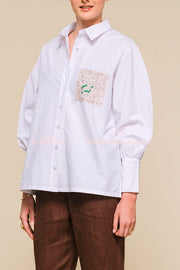 Graphic Patch Pocket Statement Blouse – Loose Fit