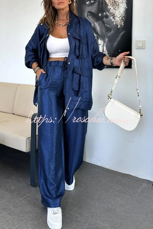 Metallic Wide Leg Pants with Elastic Waist & Pockets