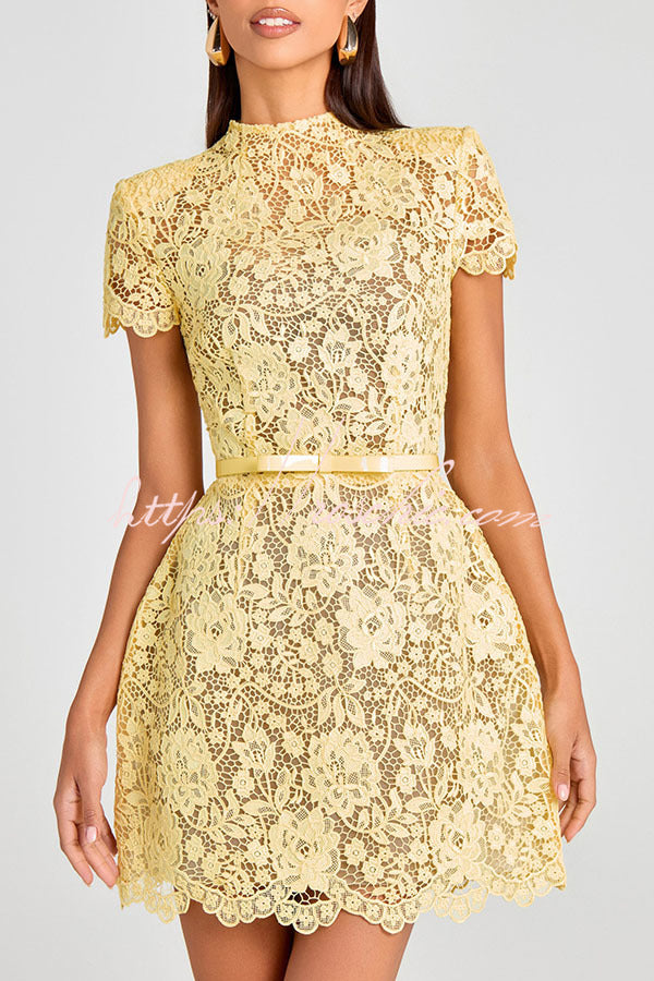Yellow Lace Mini Dress with Bow Belt and Short Sleeves