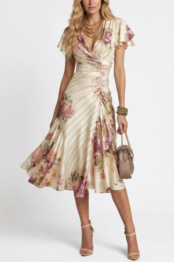 Floral V-Neck Ruffle Sleeve Midi Dress with Cinched Waist