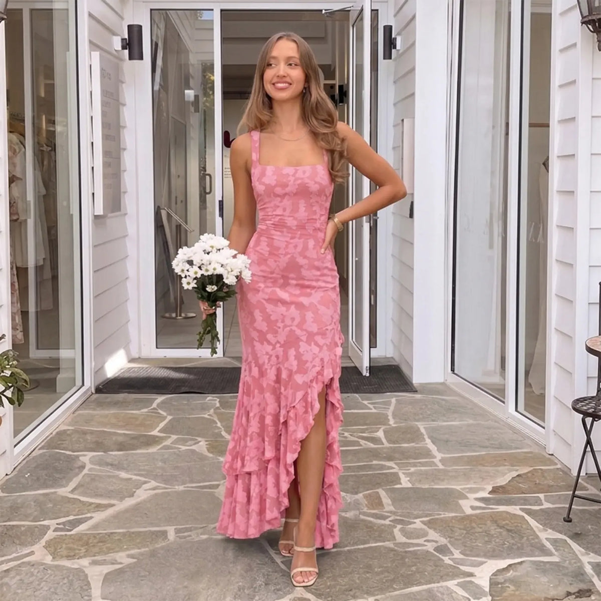 Floral Embroidery Mermaid Maxi Dress – Square Neck Gown