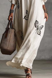 Butterfly Print V-Neck Maxi Dress – Loose Long Sleeve