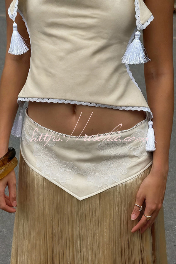 Halter Neck Lace-Up Backless Crop Top with Tassel Detail