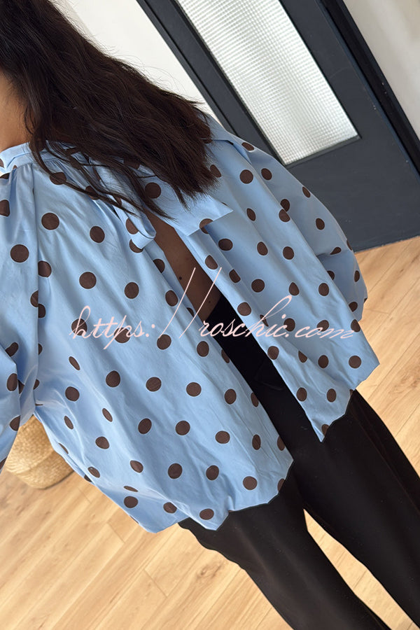 Polka Dot Turtleneck Blouse with Balloon Sleeves & Back Slit