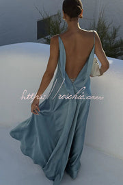 Satin Draped Neck Backless Ruffle Slit Maxi Dress