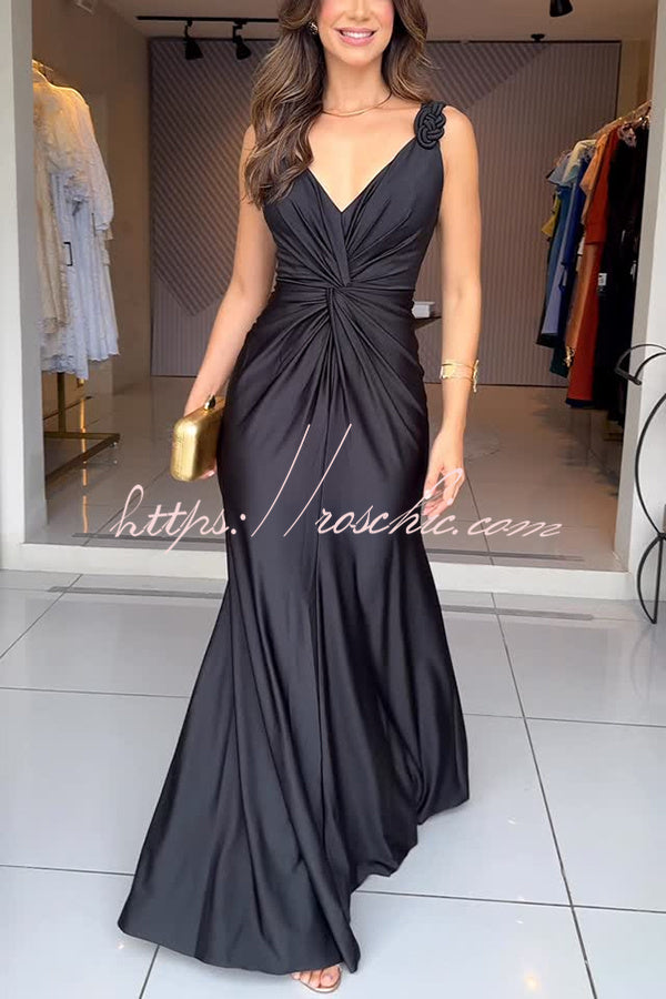 Satin Knot-Strap Sleeveless Maxi Dress with Side Slit