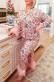 Satin Pajama Set with Feather Trim & Holiday Print