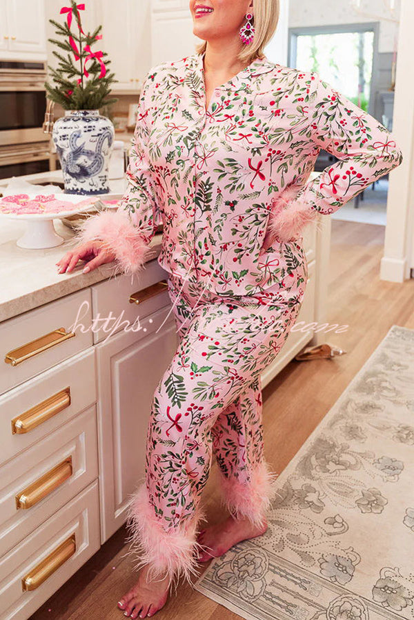 Satin Pajama Set with Feather Trim & Holiday Print