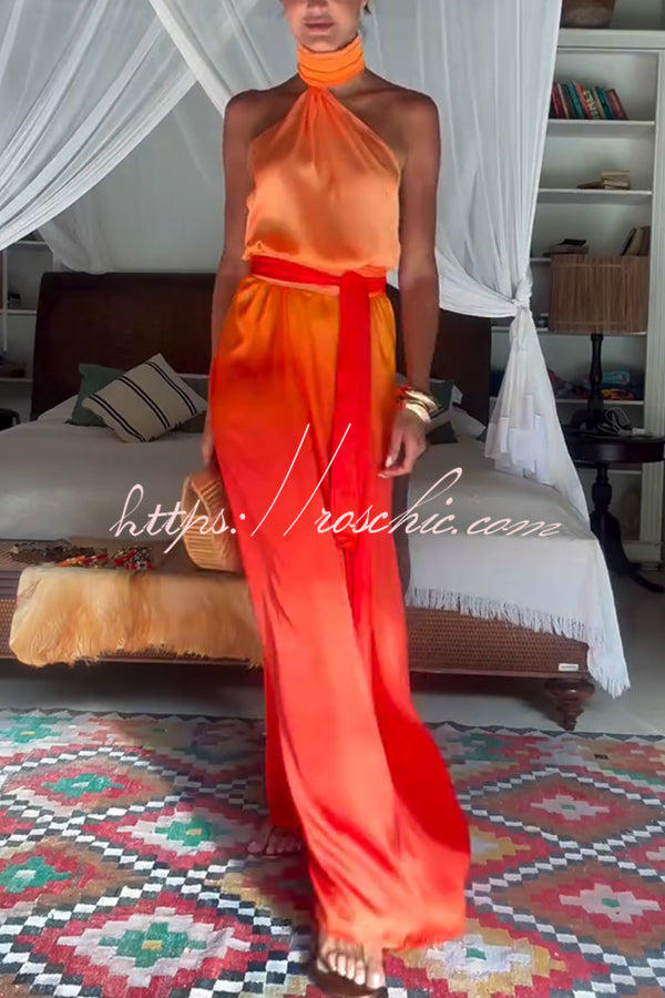 Gradient Print High Neck Backless Tie-Up Maxi Dress