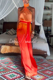 Gradient Print High Neck Backless Tie-Up Maxi Dress