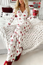 Christmas Pajama Set Women Santa Hat Reindeer Print Lounge