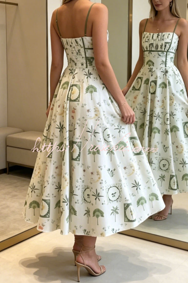 Printed Sleeveless Pleated Waist Maxi Dress for Vacation