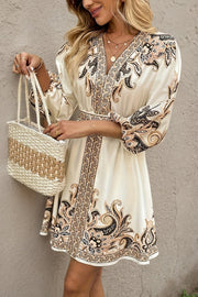 Printed V-Neck Lantern Sleeve Mini Dress with Waist Tie
