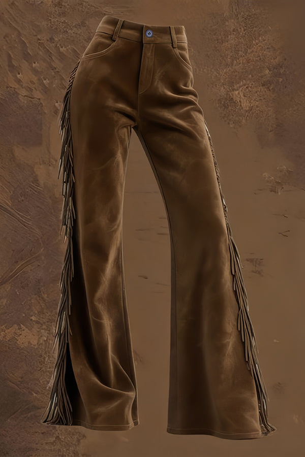 High-Waisted Suede Fringe Flared Pants