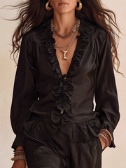 Black Cotton Ruffle Two-Piece Set | Boho Top & Skirt