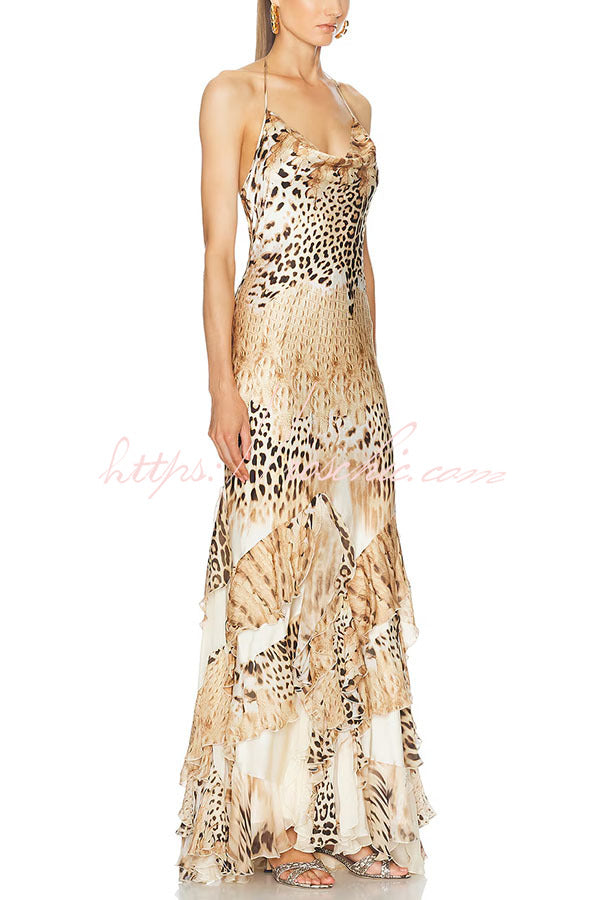 Coral Satin Leopard Print Halter Maxi Dress with Ruffle Hem