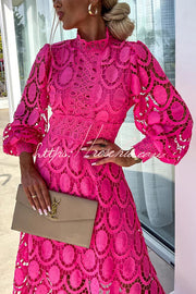 Crochet Lace Lantern Sleeve Midi Dress for Parties