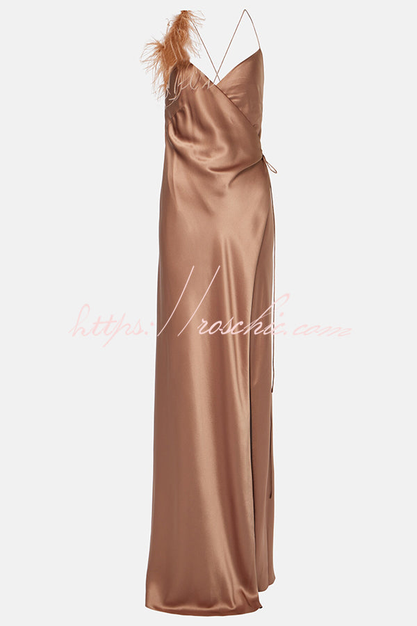 Satin Feather Trim Maxi Dress with V-Neck Slit & Tie Waist