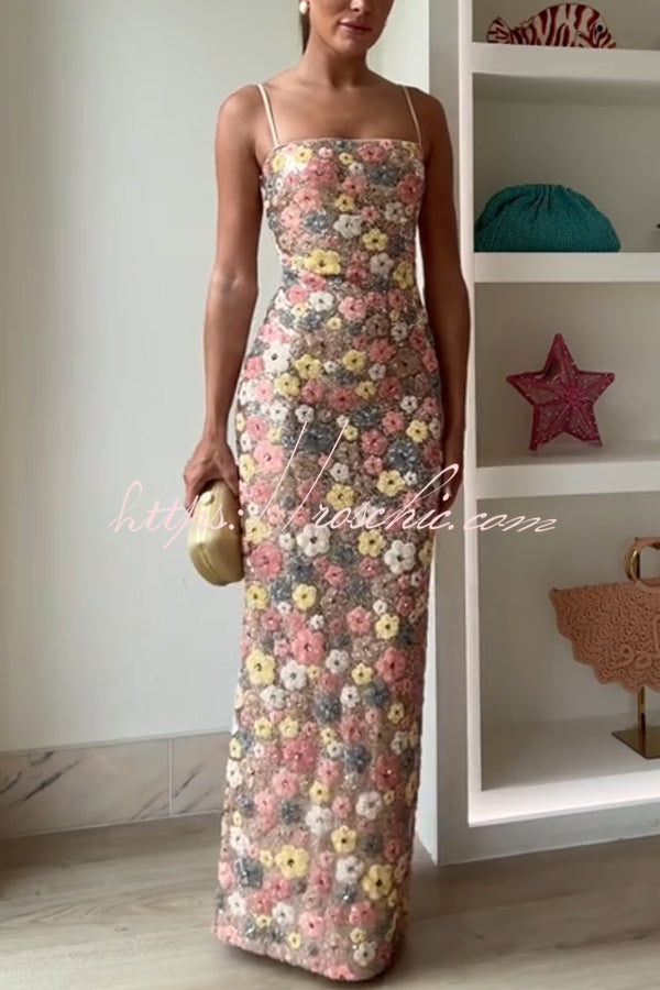 Floral Sequin Maxi Dress – 80s Square Neck Slip Style