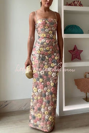Floral Sequin Maxi Dress – 80s Square Neck Slip Style
