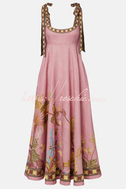 Linen Blend Printed Maxi Dress with Tie-Up Suspenders