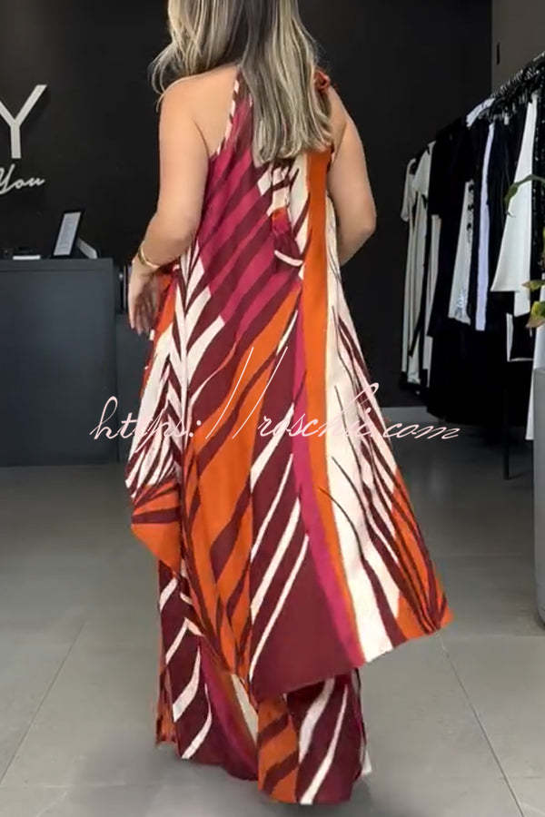 Printed High Low Halter Top & Wide Leg Pants Set