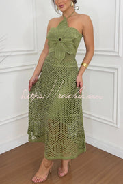 Crochet Knit Halter Maxi Dress – Oversized Floral Texture