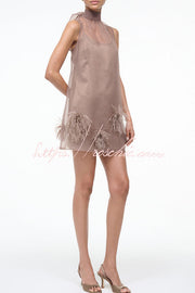 Sheer Chiffon Feather Mini Dress with Back Bow Detail