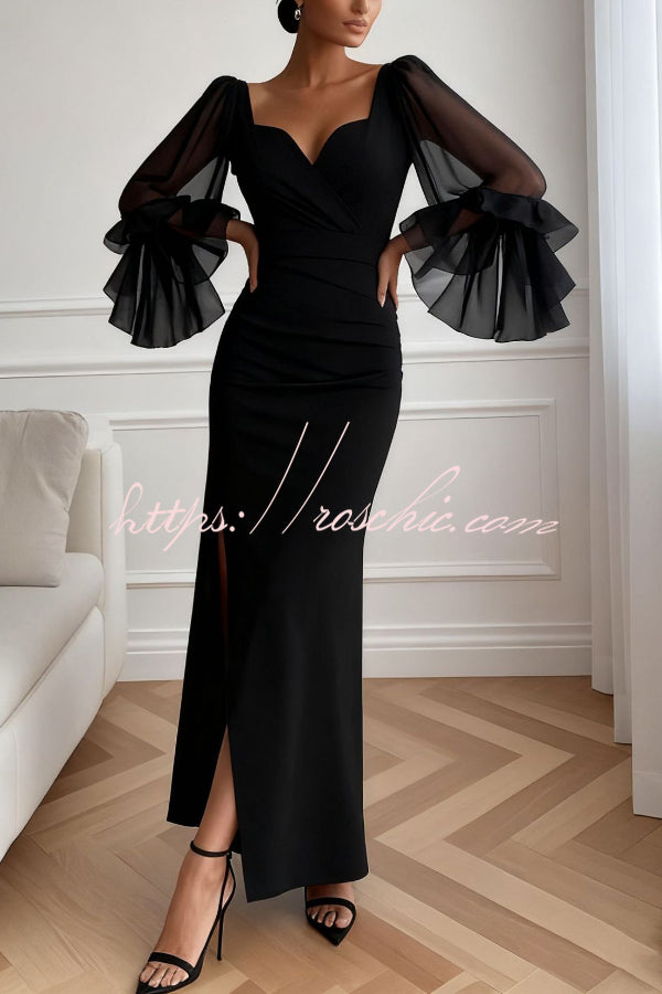V-Neck Long Sleeve Maxi Dress with High Slit