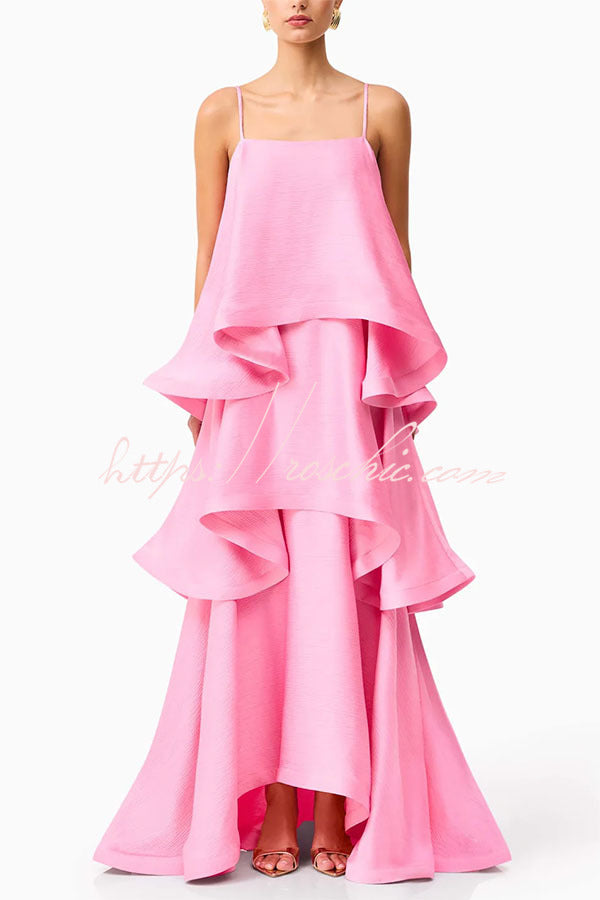 Satin Tiered Maxi Dress – Square Neck Sleeveless A-Line