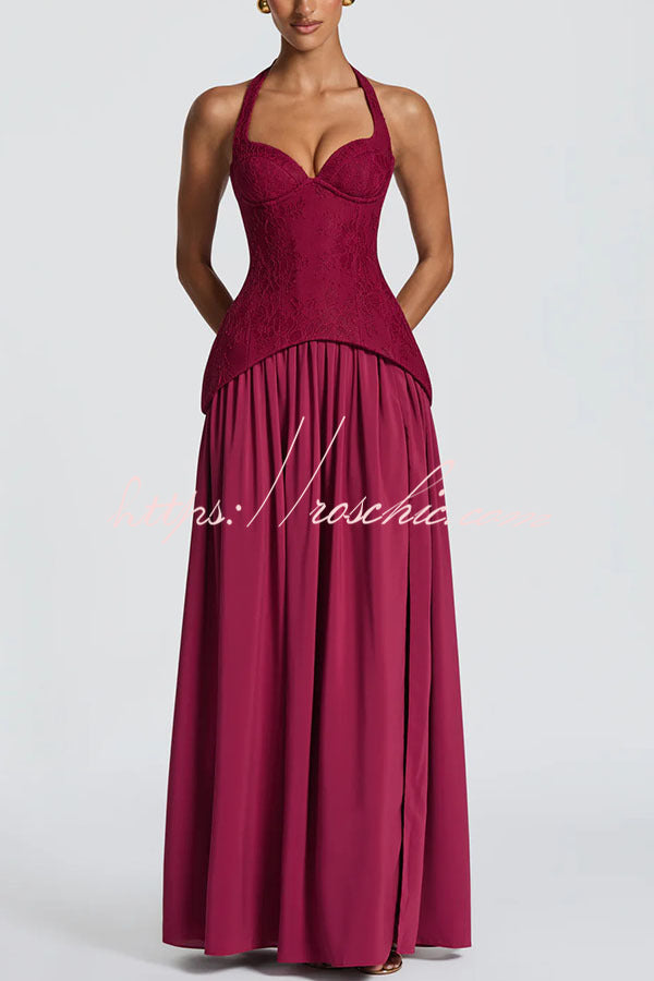 Crepe Lace Bodice Halter Chiffon Pleated Maxi Dress