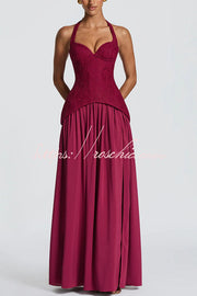 Crepe Lace Bodice Halter Chiffon Pleated Maxi Dress
