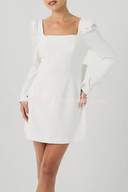 Puff Shoulder Mini Dress with Bow Back & Long Sleeves