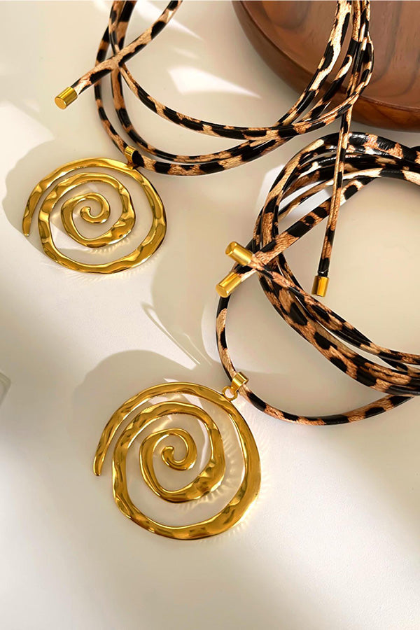 Leopard Print Leather Cord Spiral Stainless Steel Necklace