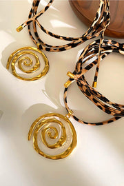 Leopard Print Leather Cord Spiral Stainless Steel Necklace