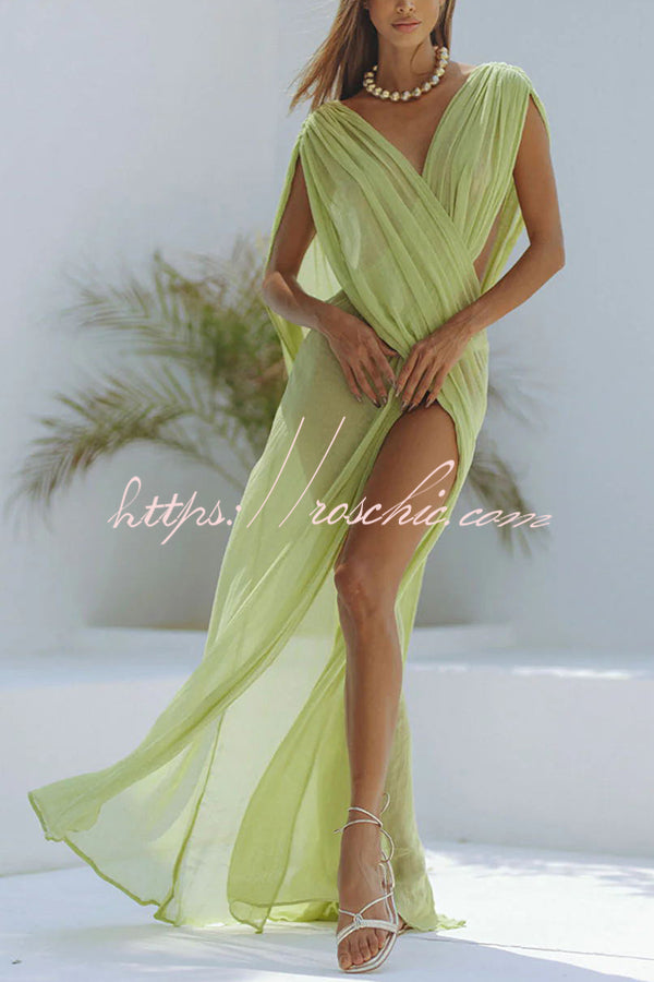 Linen Blend Ruched Shoulder Maxi Dress | Vacation Cover Up