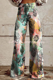 Printed Wide Leg Pants with Button Pocket – Loose Fit