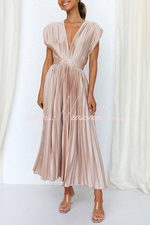 Satin Pleated Midi Dress – V-Neck Short Sleeve Party Dress