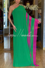 Chiffon One-Shoulder Maxi Dress – Color-block Vacation Style