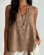 Vintage Floral Embroidered Cotton Linen Sleeveless Top
