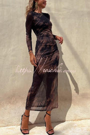 Mesh Overlay Tie Dye Long Sleeve Ruched Midi Dress