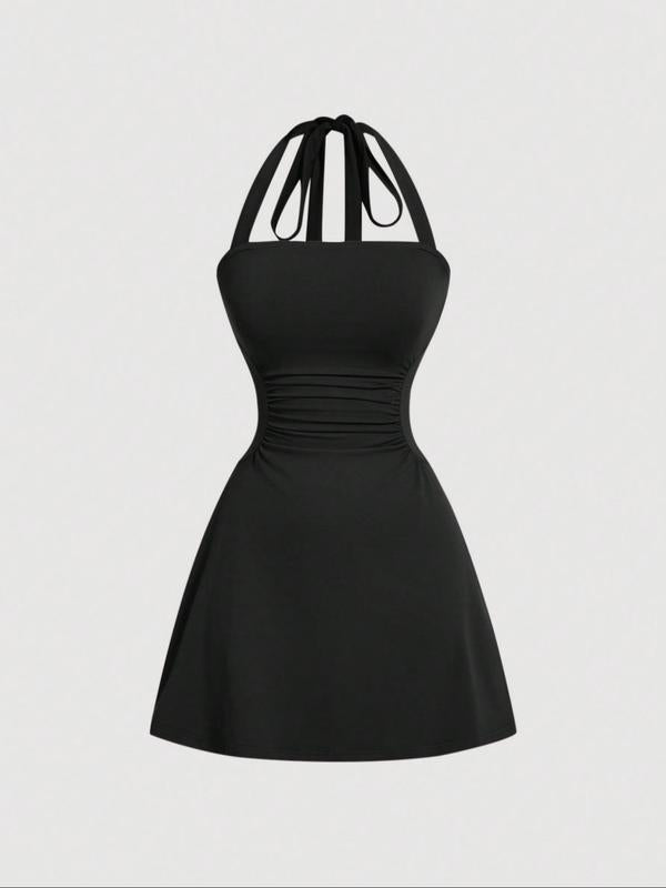Women's Plain Ruched Tie Back Halter Dress, Casual Chic Sleeveless A Line Short Dress for Summer, Ladies Clothes for Daily Wear