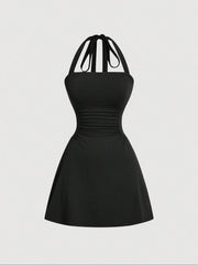 Women's Plain Ruched Tie Back Halter Dress, Casual Chic Sleeveless A Line Short Dress for Summer, Ladies Clothes for Daily Wear