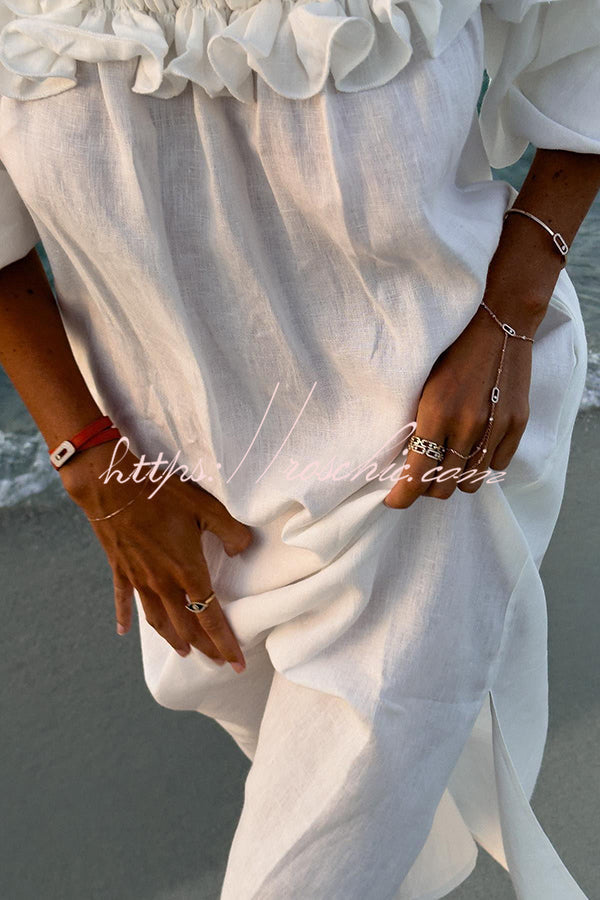 Linen Blend Off Shoulder Midi Dress with Pockets