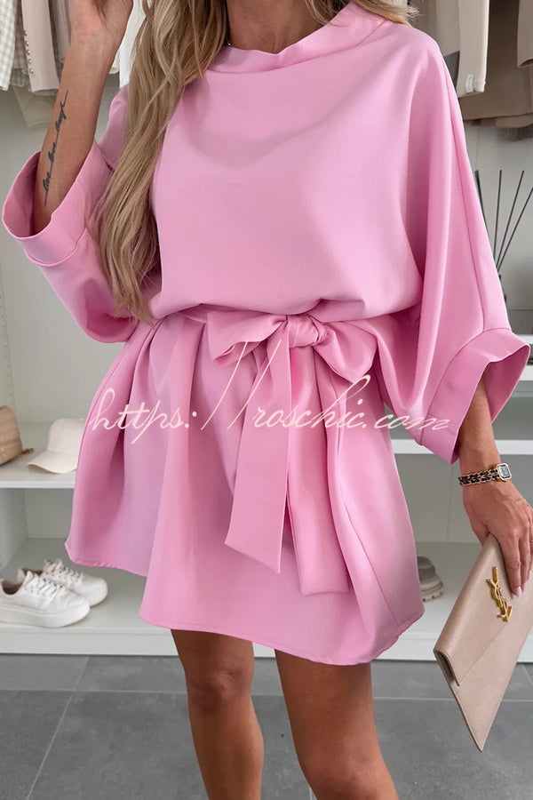 Loose Batwing Sleeve Belted Mini Dress – Solid Color