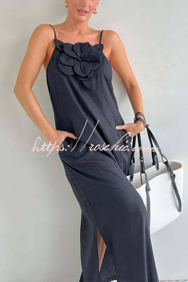 Linen Blend Floral Embellished Maxi Dress with Pockets & Slit