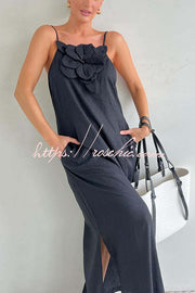 Linen Blend Floral Embellished Maxi Dress with Pockets & Slit