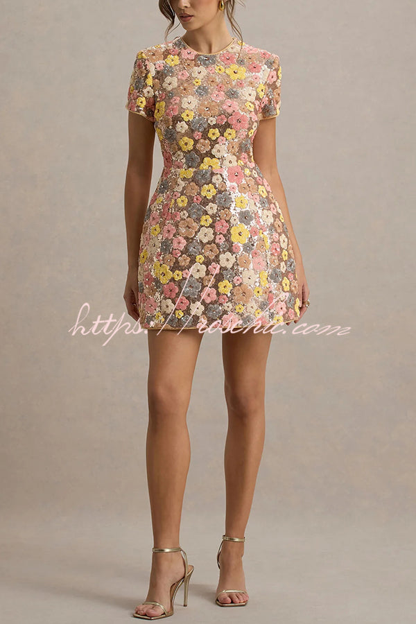 Floral Sequin Mini Dress | 80s-Inspired Short Sleeve Party Dress