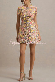 Floral Sequin Mini Dress | 80s-Inspired Short Sleeve Party Dress