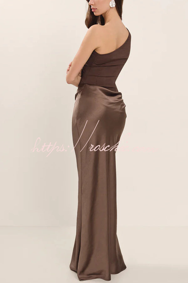 Satin One Shoulder Ruched Maxi Dress for Party